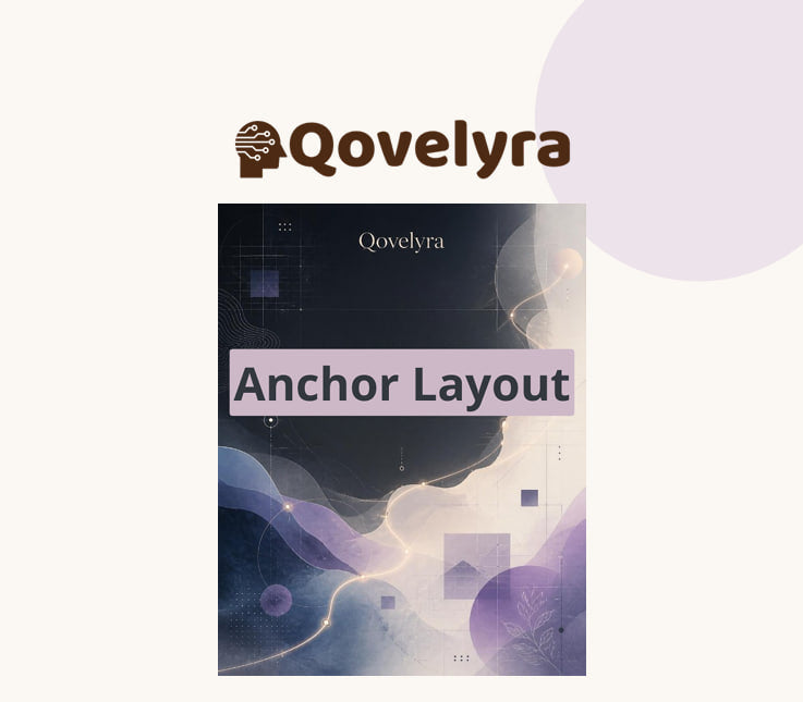 A digital cover design for 'Anchor Layout' by Qovelyra, featuring an abstract layout with dark navy, purple, and lavender waves and geometric shapes, displayed on a light cream background with the brand logo above.