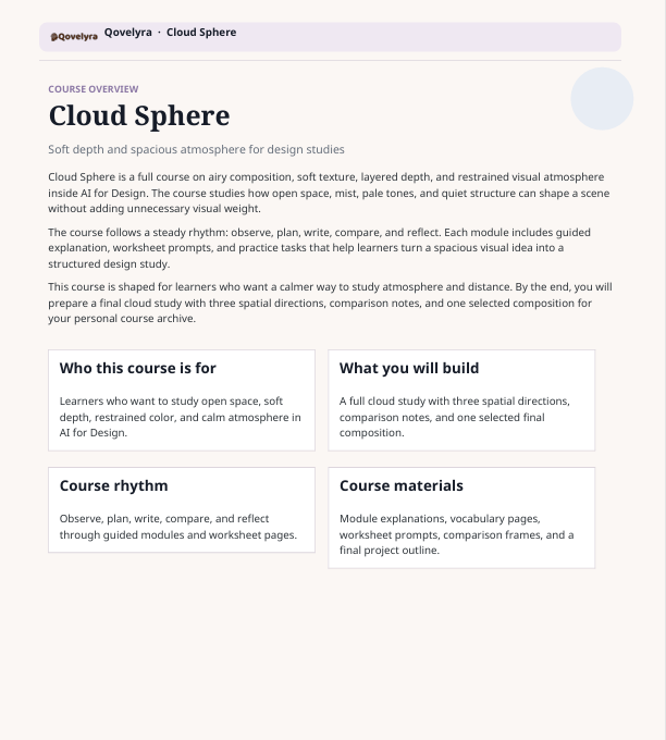 A digital course overview page for 'Cloud Sphere' from Qvqetey's Cloud Sphere course, featuring descriptive text and four informational boxes on a light gray background.