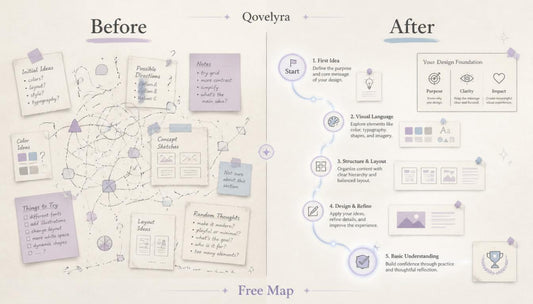 A digital graphic comparison titled 'Before' and 'After' labeled 'Qove.lyra' at the top, showing a stylized free-flowing mind map on the left and a step-by-step design process diagram on the right, with pastel purple and blue illustrations on a light beige background.