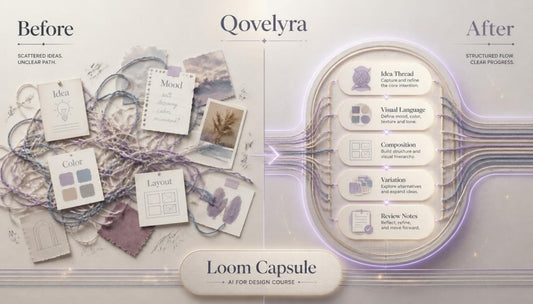 A promotional graphic for a design course or kit called 'Loom Capsule' by Qovelyra, showing a 'Before' and 'After' comparison. The left side, labeled 'Before', displays a messy flat-lay of various design elements including cards, ribbons, and small notes.