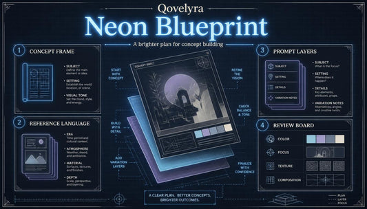 A dark blue infographic titled 'Qovelyra Neon Blueprint' with multiple labeled panels including Concept Frame, Reference Language, Prompt Layers, and Review Board, plus a central stylized blueprint device illustration.
