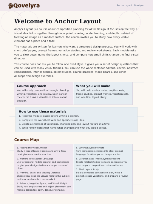 A digital preview of a Qoveley 'Welcome to Anchor Layout' course booklet or digital guide, featuring a structured layout with text sections, a course map, and a light blue highlighted box on a white page.