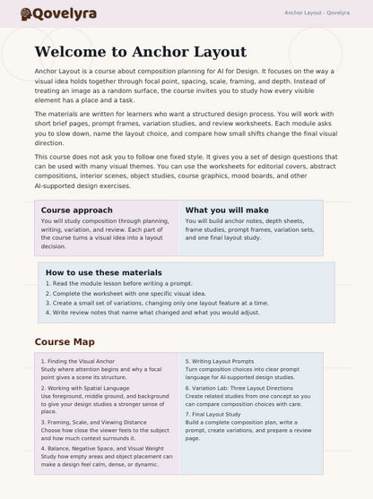 A digital preview of a Qoveley 'Welcome to Anchor Layout' course booklet or digital guide, featuring a structured layout with text sections, a course map, and a light blue highlighted box on a white page.
