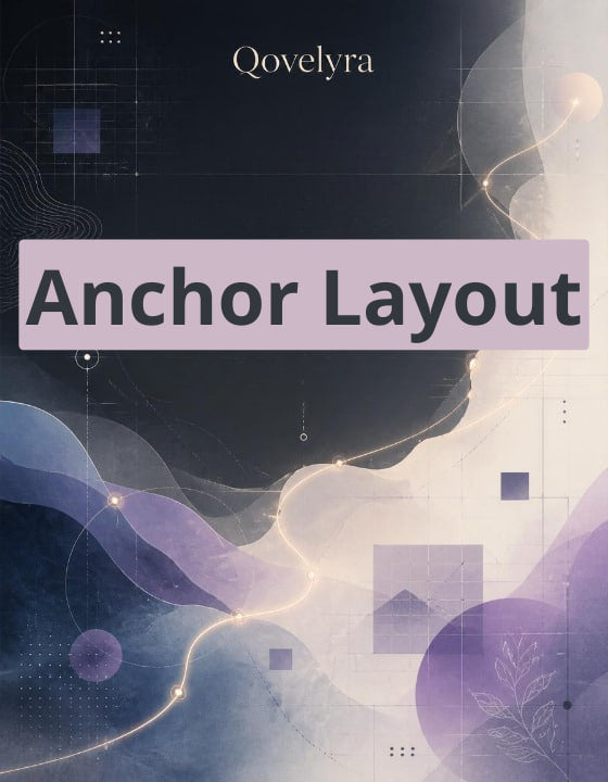 A digital cover design with the title 'Anchor Layout' in large dark gray text on a muted lavender banner, with the name 'Qovelyra' at the top. The background features an abstract, modern layout with flowing purple and blue waves, geometric shapes, and fine line details on a dark navy and cream base.