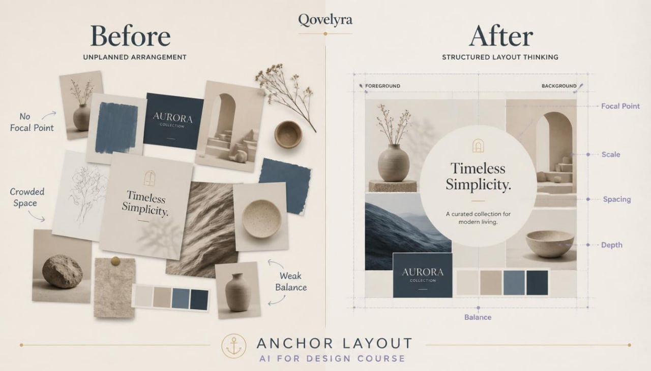 A before-and-after layout comparison graphic for a design course, titled 'Before' on the left and 'After' on the right, under the brand name 'Qoveyra'. The left side shows a cluttered, unplanned arrangement with text labels like 'No Focal Point' and 'Crowded Space', alongside color swatches.