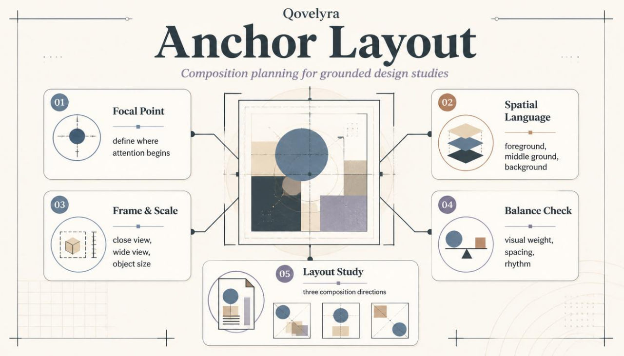 An infographic titled 'QoveLYra Anchor Layout' explaining composition planning for grounded design studies, with labeled boxes for focal point, frame & scale, spatial language, balance check, and layout study arranged around a central abstract geometric diagram.