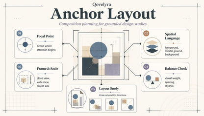 An infographic titled 'QoveLYra Anchor Layout' explaining composition planning for grounded design studies, with labeled boxes for focal point, frame & scale, spatial language, balance check, and layout study arranged around a central abstract geometric diagram.