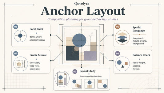 An infographic titled 'QoveLYra Anchor Layout' explaining composition planning for grounded design studies, with labeled boxes for focal point, frame & scale, spatial language, balance check, and layout study arranged around a central abstract geometric diagram.