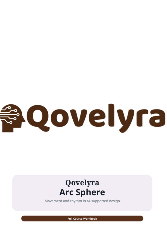 A flat digital cover for a Qovelyra Arc Sphere full course workbook, featuring a white background, a brown Qovelyra logo with a stylized head icon, and a light lavender rounded rectangle containing the title.