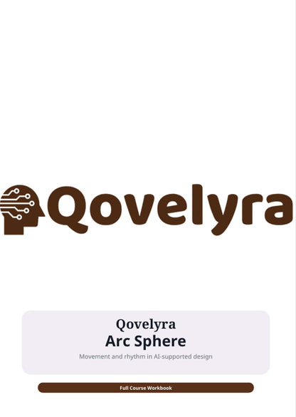 A flat digital cover for a Qovelyra Arc Sphere full course workbook, featuring a white background, a brown Qovelyra logo with a stylized head icon, and a light lavender rounded rectangle containing the title.