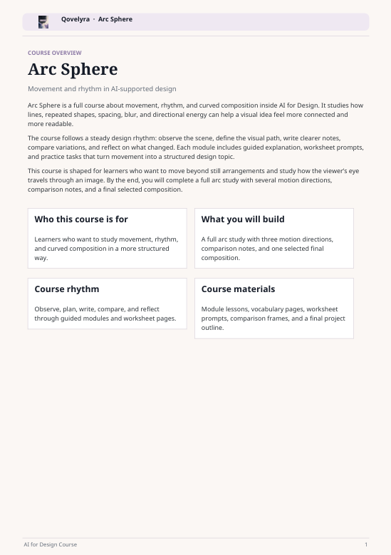 A digital course overview page for 'Arc Sphere' from 'Quevyra - Arc Sphere', detailing course overview, who it is for, course rhythm, and course materials in a clean, minimalist layout.