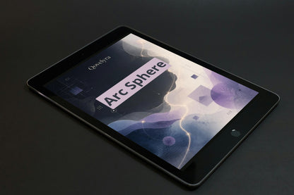 A black tablet device shown at an angle on a dark surface, with its screen on displaying abstract purple and blue graphics and the text 'Arc Sphere' and 'Oryxtra'.