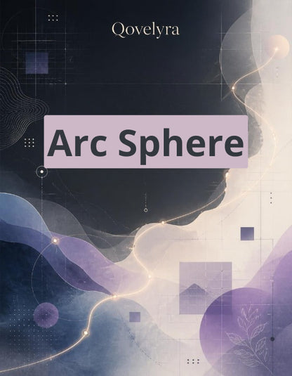 Digital cover art for 'Arc Sphere' by Qovelyra, featuring an abstract design with flowing purple and lavender waves, geometric shapes, and glowing light lines over a dark navy and cream background.