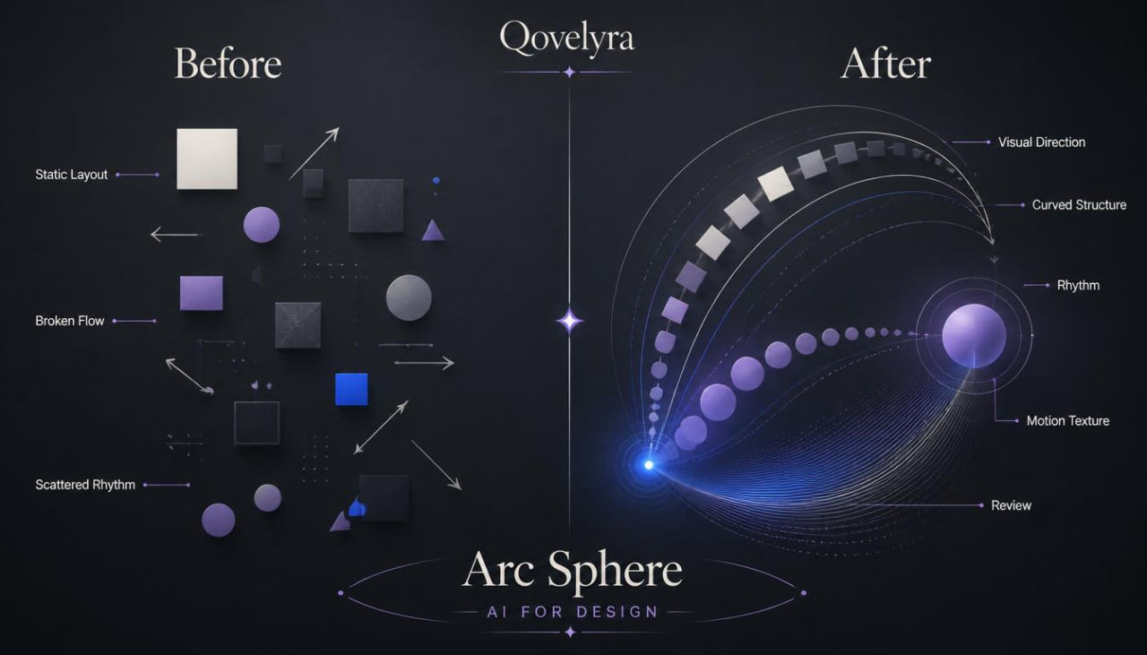 A dark promotional graphic comparing a 'Before' state with an 'After' state using AI design tools. The left side, labeled 'Before', shows a static layout with broken flow, broken rhythms, and scattered rhythms in shades of purple, blue, and gray.