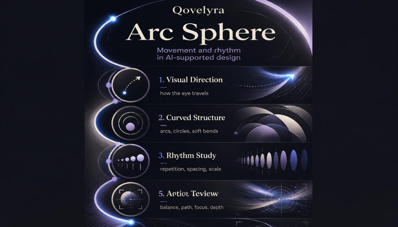 A dark promotional graphic for QoveLYra Arc Sphere, showing a vertical panel with glowing circular orbital diagrams and text about visual direction, curved structure, rhythm study, and artist review.
