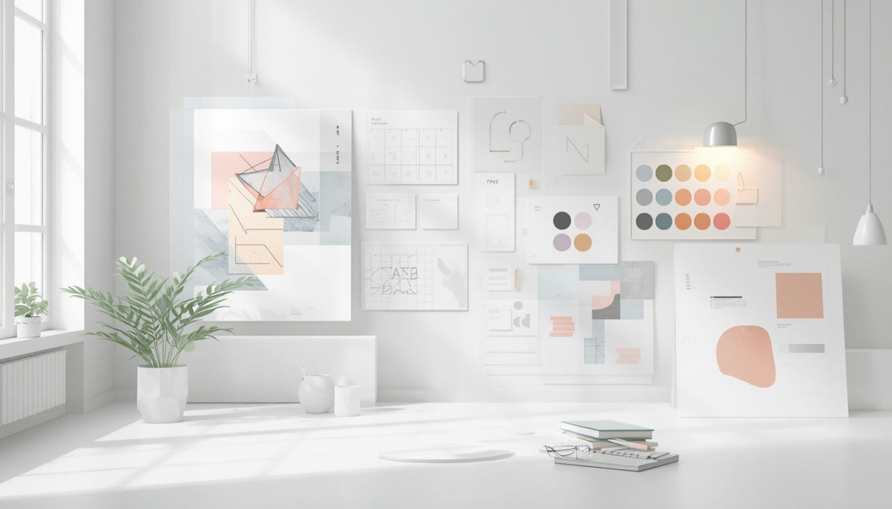 A bright, minimalist interior scene with a white wall covered in framed abstract art prints, charts, and color swatches, plus a plant, hanging lights, and a stack of books on a white table.