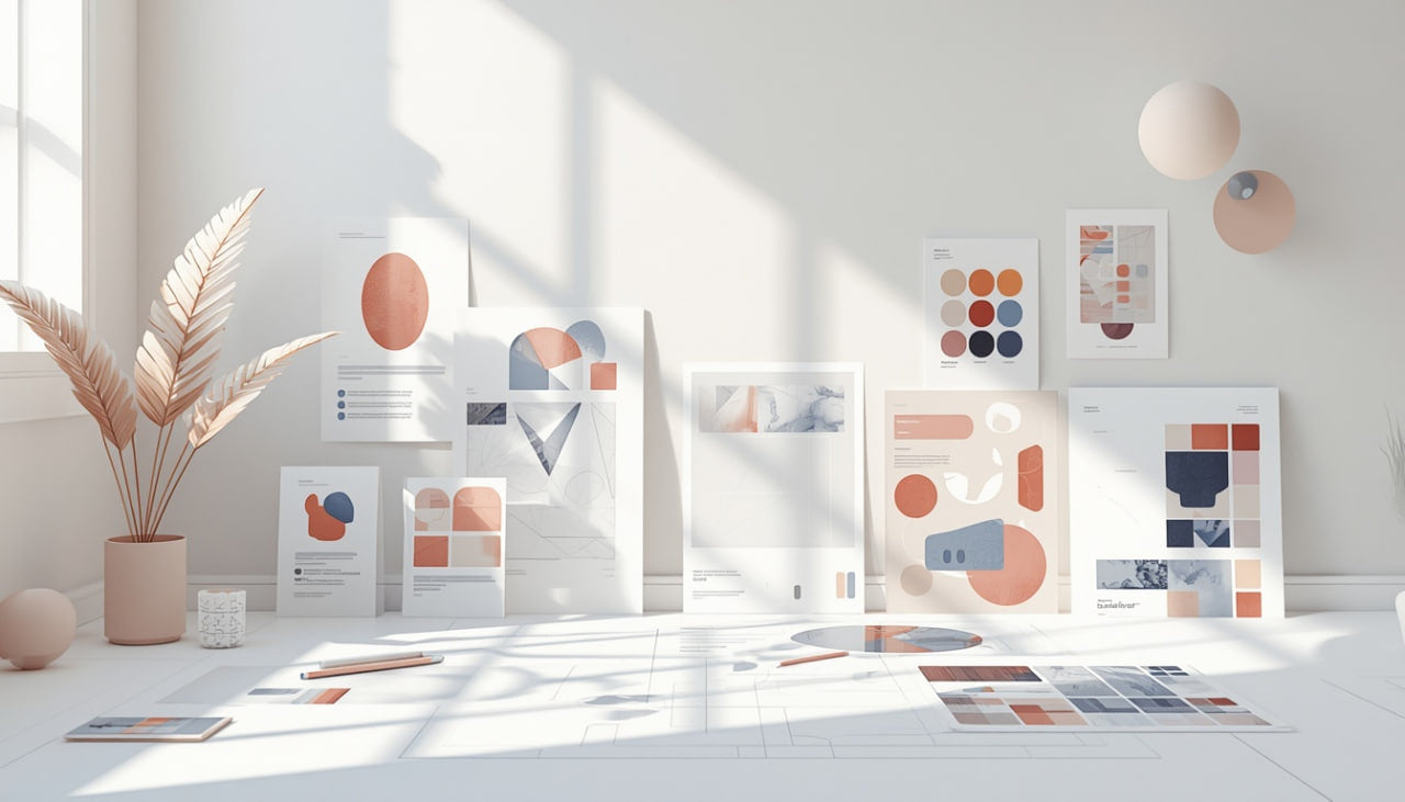 A styled interior scene with multiple framed abstract art prints and posters leaning and hanging on a white wall in a bright room with strong sunlight and shadows. The designs use soft geometric shapes in peach, orange, beige, blue, gray, and white.