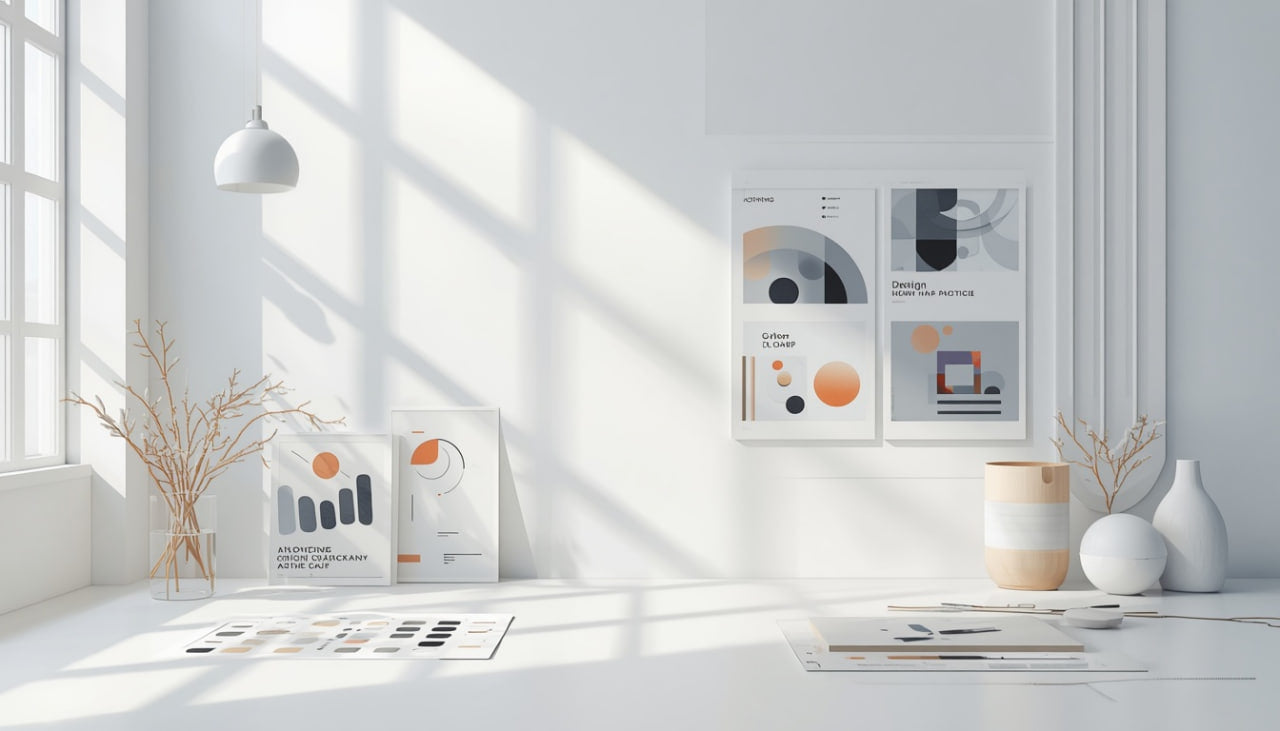 A bright, modern interior scene with framed abstract wall art hanging on a white wall, alongside a hanging lamp, vase, dried branches, and a few books on a sunlit floor.