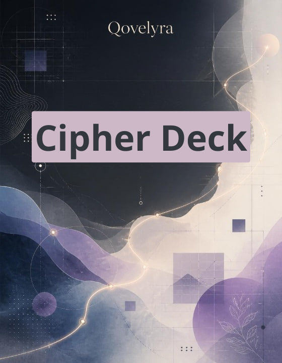 A book cover for 'Cipher Deck' by Qovelyra, featuring an abstract design with dark navy, lavender, and cream waves, geometric shapes, and glowing light lines.