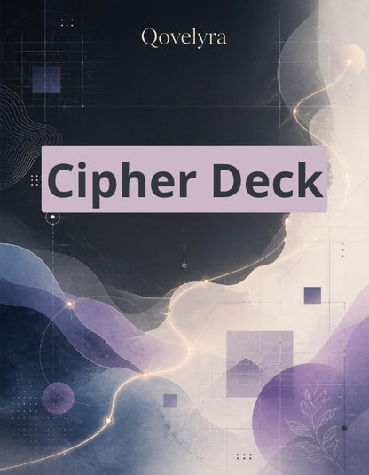A book cover for 'Cipher Deck' by Qovelyra, featuring an abstract design with dark navy, lavender, and cream waves, geometric shapes, and glowing light lines.