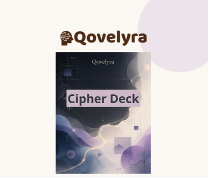 A product cover for the Qovelyra Cipher Deck, featuring an abstract design with dark navy, purple, and light lavender tones. The Qovelyra brand logo is displayed above the deck cover on a light cream background with a subtle lavender circle in the upper right.