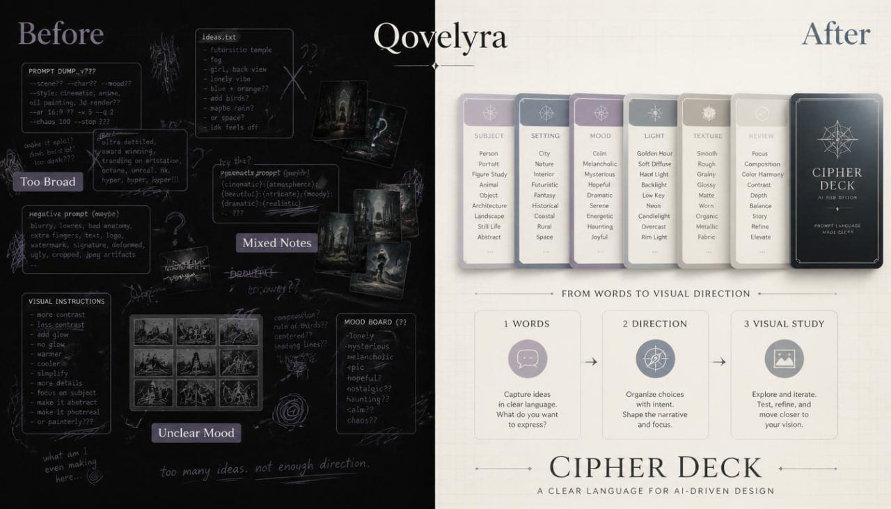 A promotional comparison graphic for a design deck called Cipher Deck, with a dark before/after layout on the left and a light after/after layout on the right. The right side shows several slim card sleeves and one dark deck box labeled CIPHER DECK, plus small instructional callouts.