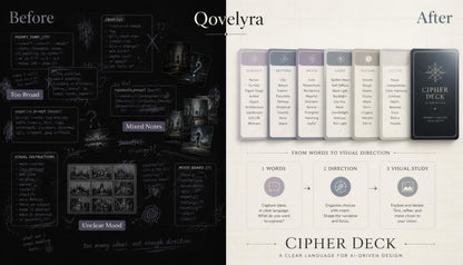 A promotional comparison graphic for a design deck called Cipher Deck, with a dark before/after layout on the left and a light after/after layout on the right. The right side shows several slim card sleeves and one dark deck box labeled CIPHER DECK, plus small instructional callouts.