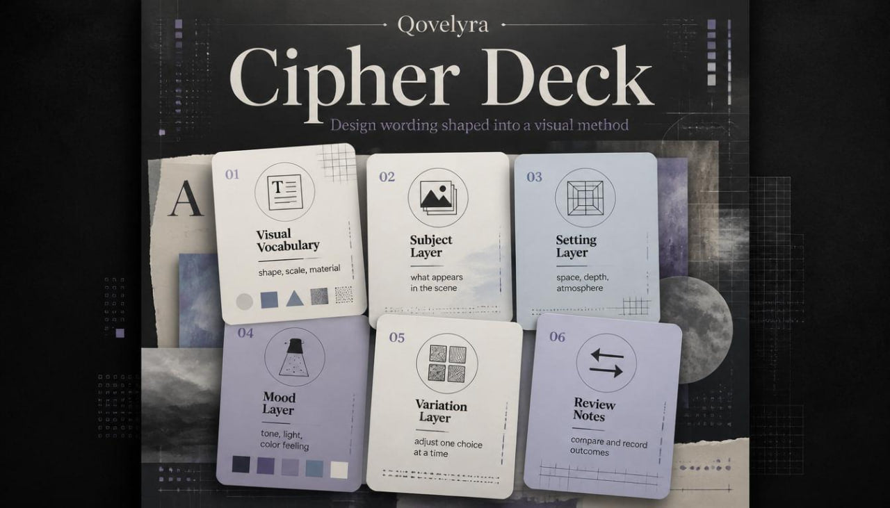 Cipher Deck product display by Qovelyra, showing a dark cover with six illustrated cards arranged in front. The cards are labeled Visual Vocabulary, Subject Layer, Setting Layer, Mood Layer, Variation Layer, and Review Notes.