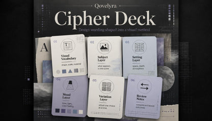 Cipher Deck product display by Qovelyra, showing a dark cover with six illustrated cards arranged in front. The cards are labeled Visual Vocabulary, Subject Layer, Setting Layer, Mood Layer, Variation Layer, and Review Notes.
