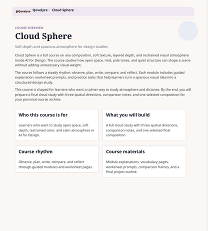 A digital course overview page for 'Cloud Sphere' from Qvqetey's Cloud Sphere course, featuring descriptive text and four informational boxes on a light gray background.