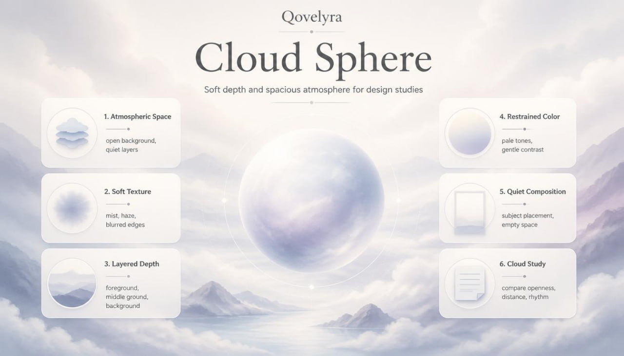 A digital presentation slide titled 'Cloud Sphere' by QoveLYra, featuring a soft white and light blue translucent sphere floating in a cloudy sky, with six labeled design tips arranged around it.