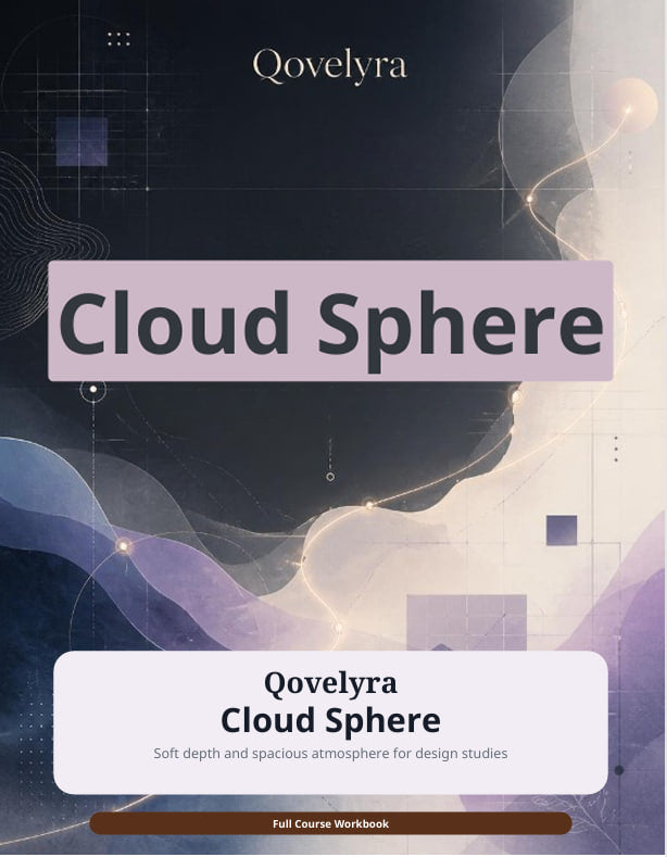 A digital cover for a full course workbook titled 'Cloud Sphere' by Qovelyra, featuring an abstract dark navy and lavender design with glowing light lines and geometric shapes.