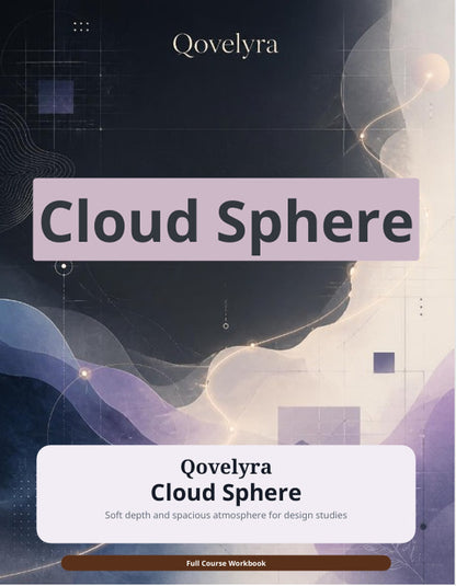 A digital cover for a full course workbook titled 'Cloud Sphere' by Qovelyra, featuring an abstract dark navy and lavender design with glowing light lines and geometric shapes.