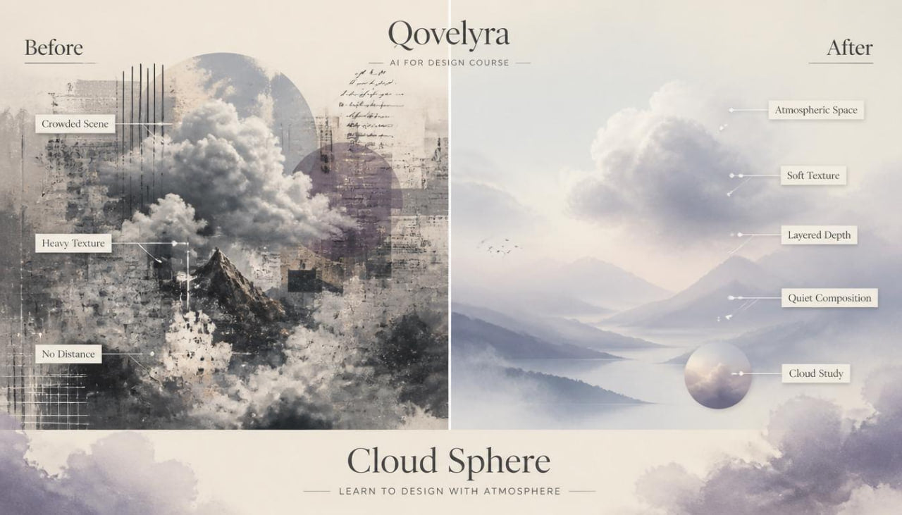 A promotional graphic titled 'Qovelyra' showing a before-and-after comparison of cloud and landscape artwork. The left side, labeled 'Before,' shows a moody grayscale cityscape with heavy clouds and layered textures.