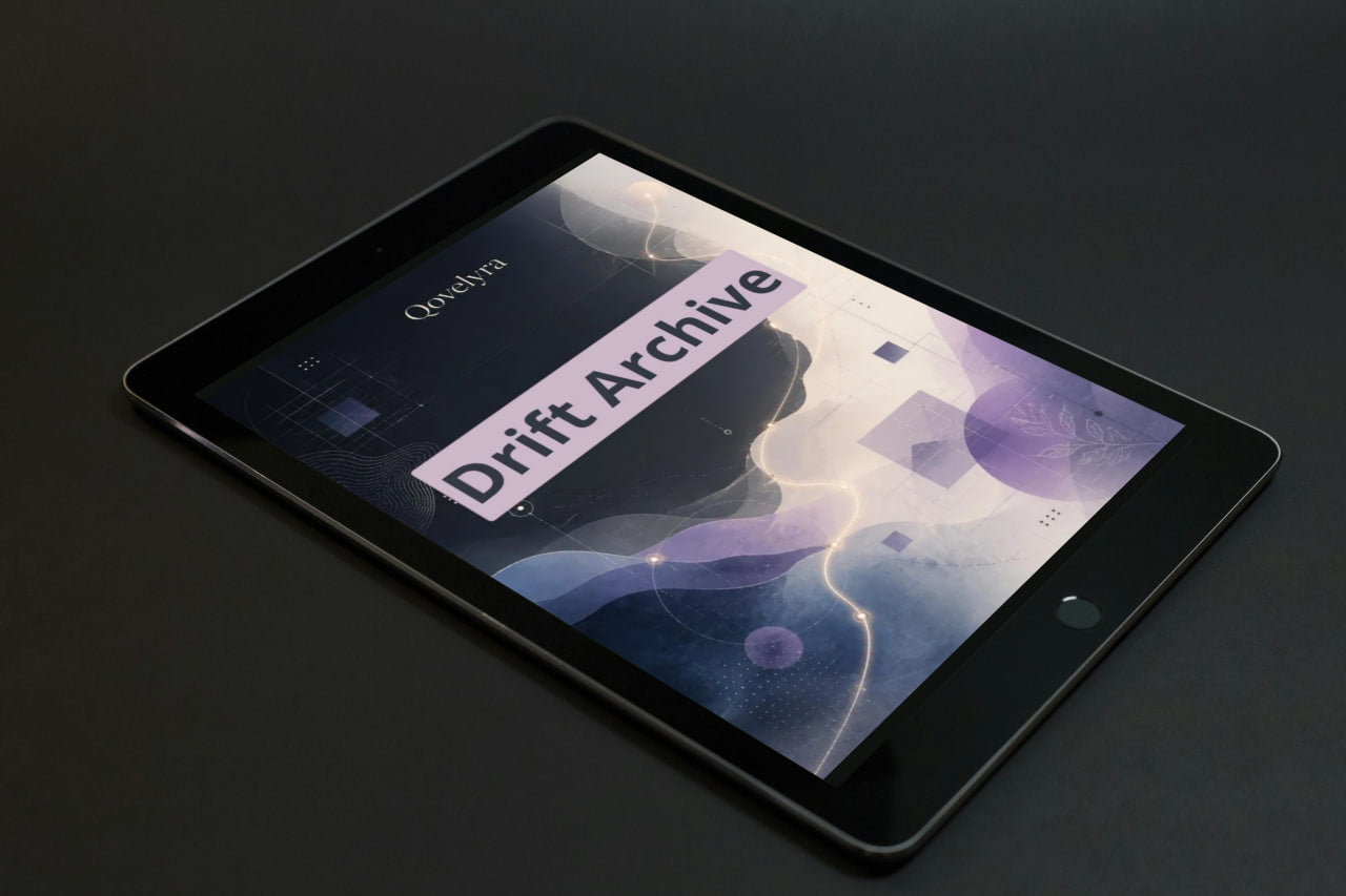 A black tablet device shown at an angle on a dark surface, with the screen on and displaying the Qorelya logo and a purple-toned interface titled Drift Archive.