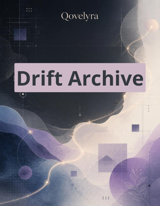 A digital cover graphic for 'Drift Archive' by Qovelyrə, featuring an abstract design with flowing purple and lavender waves, geometric shapes, and a dark navy background.
