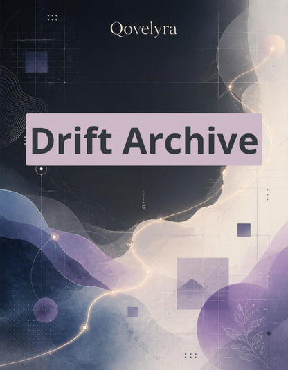 A digital cover graphic for 'Drift Archive' by Qovelyrə, featuring an abstract design with flowing purple and lavender waves, geometric shapes, and a dark navy background.