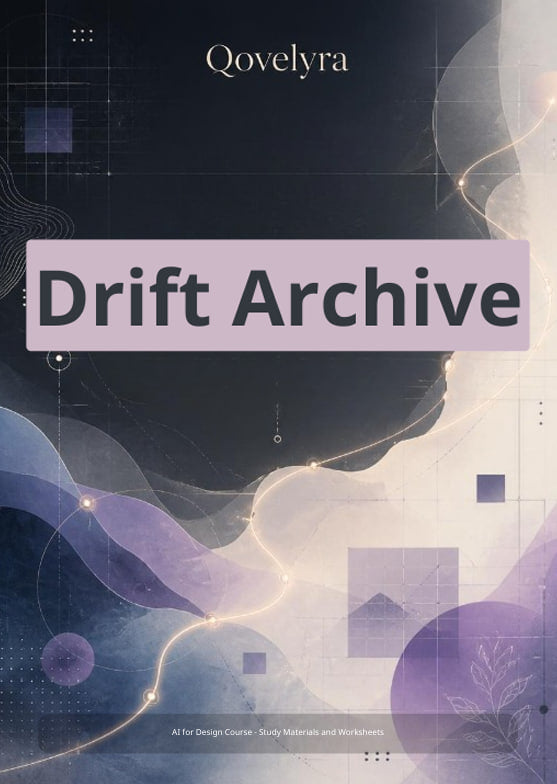 Digital cover art for 'Drift Archive' by Qovelyra, featuring an abstract design with flowing purple and cream waves on a dark navy background, overlaid with a lavender banner containing the title.