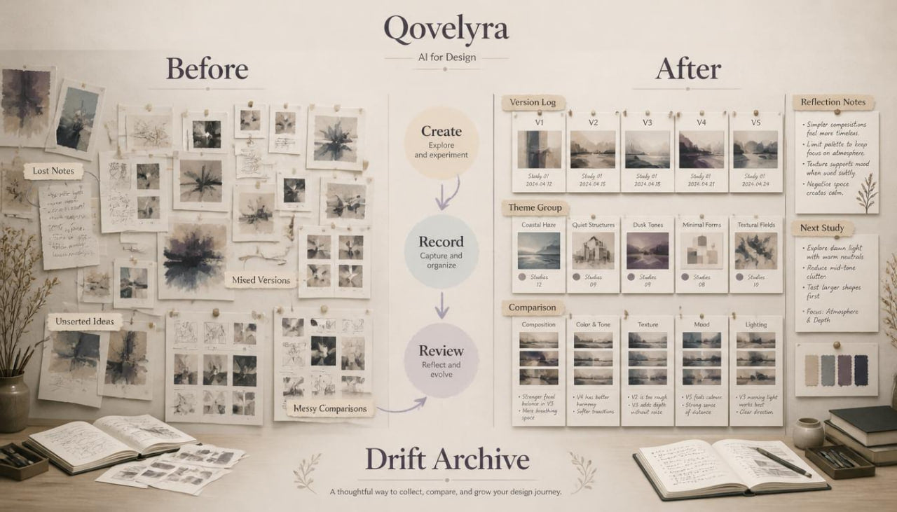 A styled flat-lay mockup of a digital design archive template titled 'Qovelyra Drift Archive'. The layout features a 'Before' and 'After' comparison section with various aesthetic paper cards, sketches, and notes, arranged on a desk with open books and a laptop.