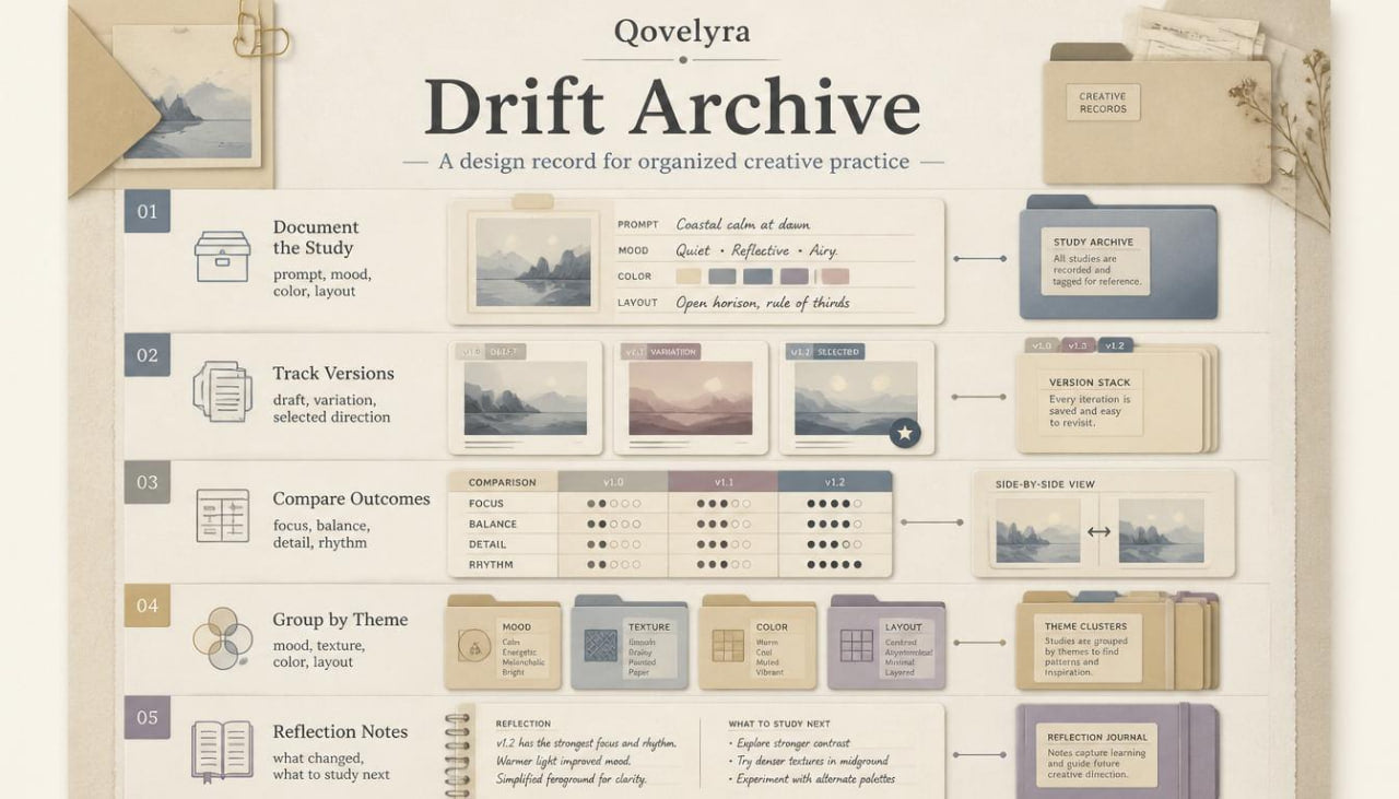 A digital graphic template titled 'QovelyrA Drift Archive' showing a step-by-step design record layout with various pastel-colored sticky notes, cards, and boxes on a beige background.