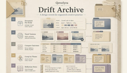 A digital graphic template titled 'QovelyrA Drift Archive' showing a step-by-step design record layout with various pastel-colored sticky notes, cards, and boxes on a beige background.