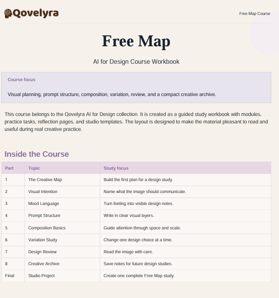 A digital preview page for the 'Free Map' AI for Design Course Workbook by Qoveley. The page features a light beige background with a light purple header and a structured table outlining course topics such as 'The Creative Map', 'Visual Intention', and 'Prompt Structure'.