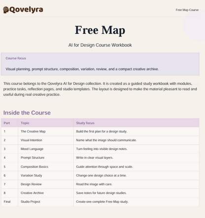 A digital preview page for the 'Free Map' AI for Design Course Workbook by Qoveley. The page features a light beige background with a light purple header and a structured table outlining course topics such as 'The Creative Map', 'Visual Intention', and 'Prompt Structure'.