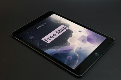 A black tablet device shown at an angle on a dark surface, with its screen on displaying the word 'Qorelya' and a large 'Free Map' banner over an abstract purple and blue graphic.