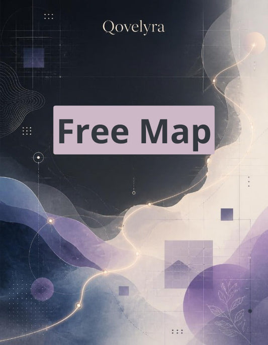 Digital graphic banner with the text 'Free Map' in dark gray on a lavender rectangle, with the brand name 'Qovelyra' at the top. The background features an abstract, fluid design in shades of dark navy, purple, and cream with geometric line patterns.