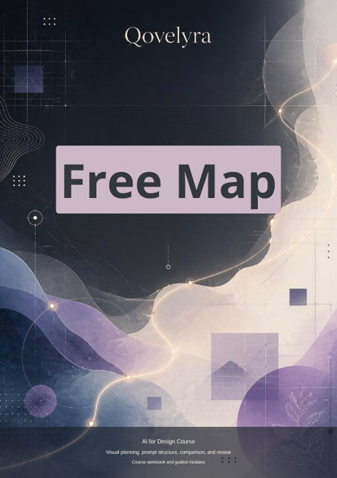 Promotional graphic for a digital course titled 'Free Map' by Qovelyra, featuring an abstract design with flowing purple and cream waves on a dark navy background.