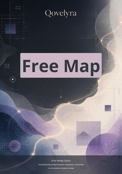Promotional graphic for a digital course titled 'Free Map' by Qovelyra, featuring an abstract design with flowing purple and cream waves on a dark navy background.