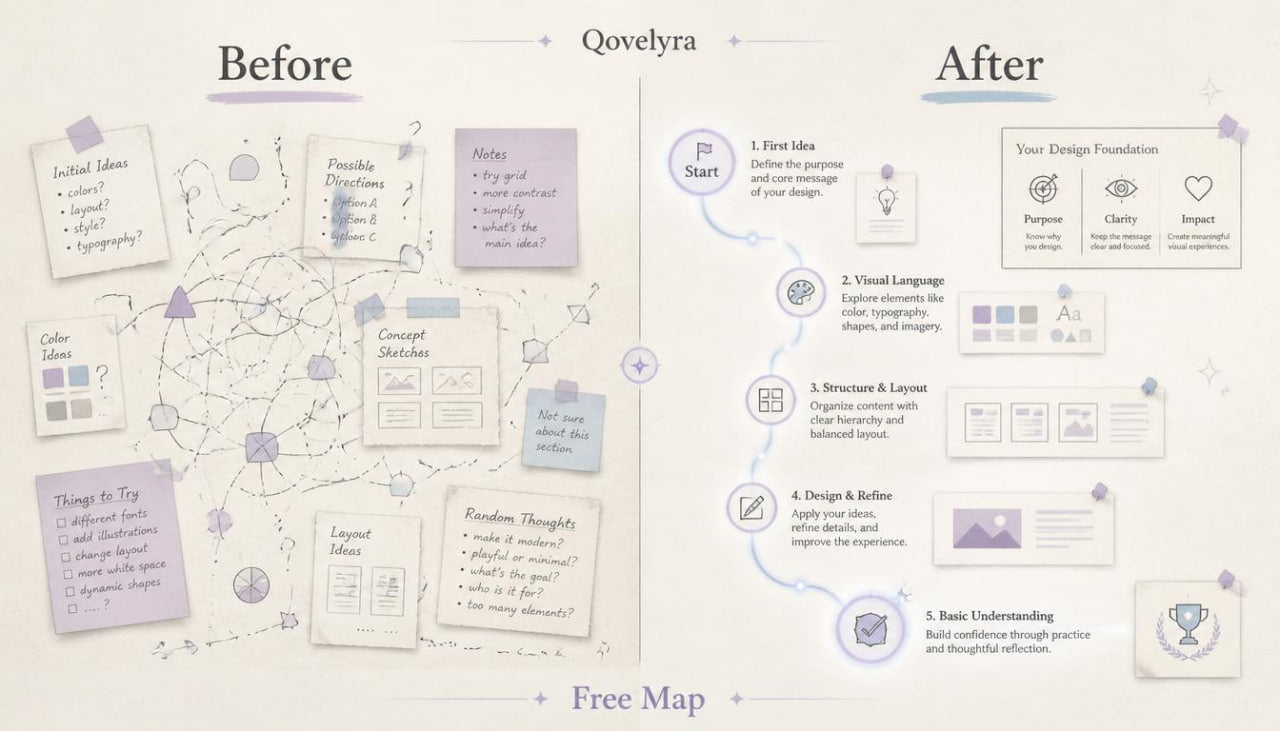 A digital graphic comparison titled 'Before' and 'After' labeled 'Qove.lyra' at the top, showing a stylized free-flowing mind map on the left and a step-by-step design process diagram on the right, with pastel purple and blue illustrations on a light beige background.