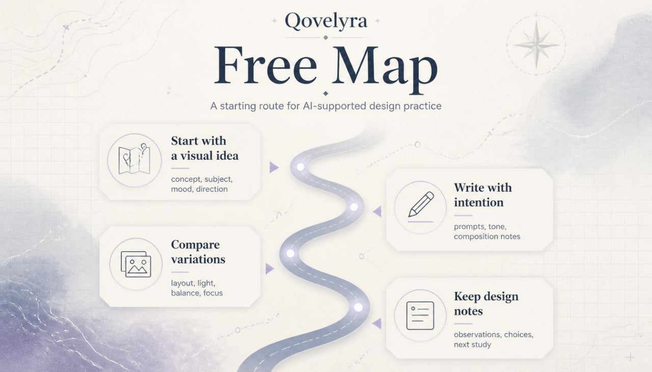A digital infographic titled 'Qovelyra Free Map' with a winding blue path leading through five rounded white boxes containing design practice tips: start with a visual idea, write with intention, compare variations, keep design notes, and a compass icon. The background is a very light off-white with faint abstract watercolor textures.