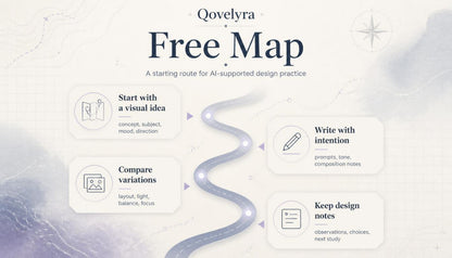 A digital infographic titled 'Qovelyra Free Map' with a winding blue path leading through five rounded white boxes containing design practice tips: start with a visual idea, write with intention, compare variations, keep design notes, and a compass icon. The background is a very light off-white with faint abstract watercolor textures.